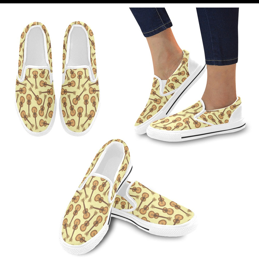 Acoustic Guitar Print Design LKS402 White Slip Ons Canvas Women's Shoes