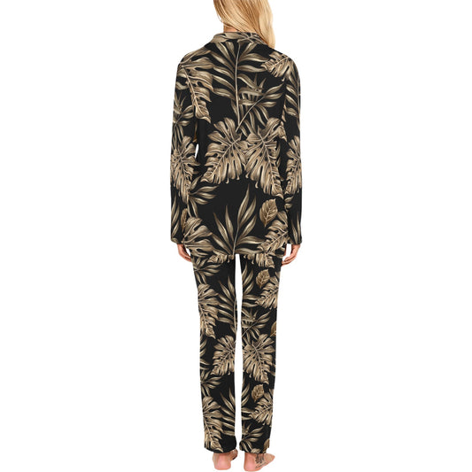 Brown Tropical Palm Leaves Women's Long Pajama Set