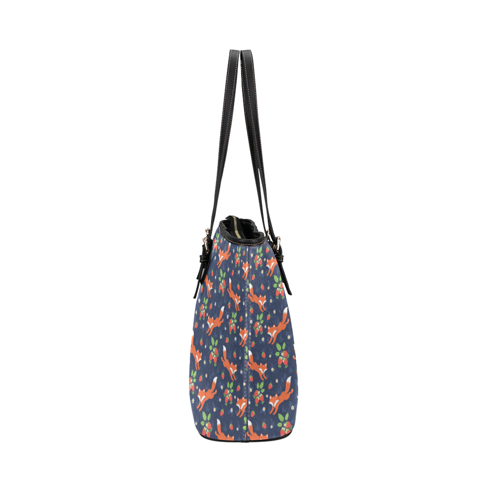 Fox Strawberry Print Pattern Leather Tote Bag