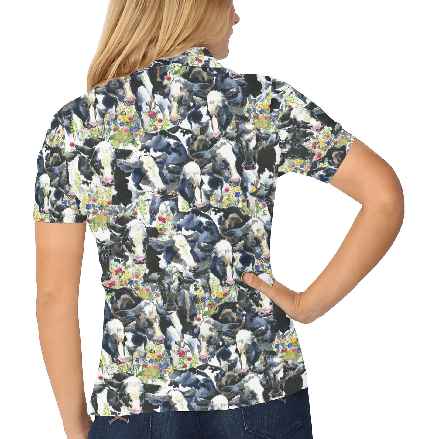 Cow Watercolor Print Pattern Women's Polo Shirt