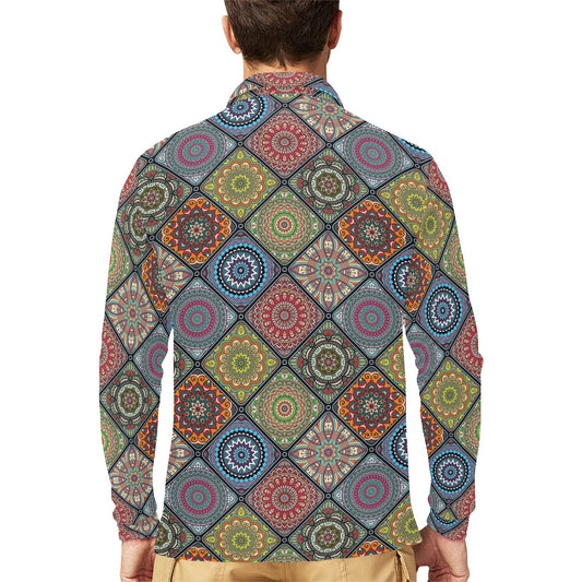 Bohemian Pattern Print Design 05 Long Sleeve Polo Shirt For Men's
