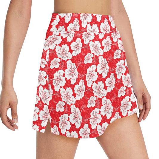 Flower Hawaiian Hibiscus Red Background Print 17" Golf & Pickleball Skort with Pockets