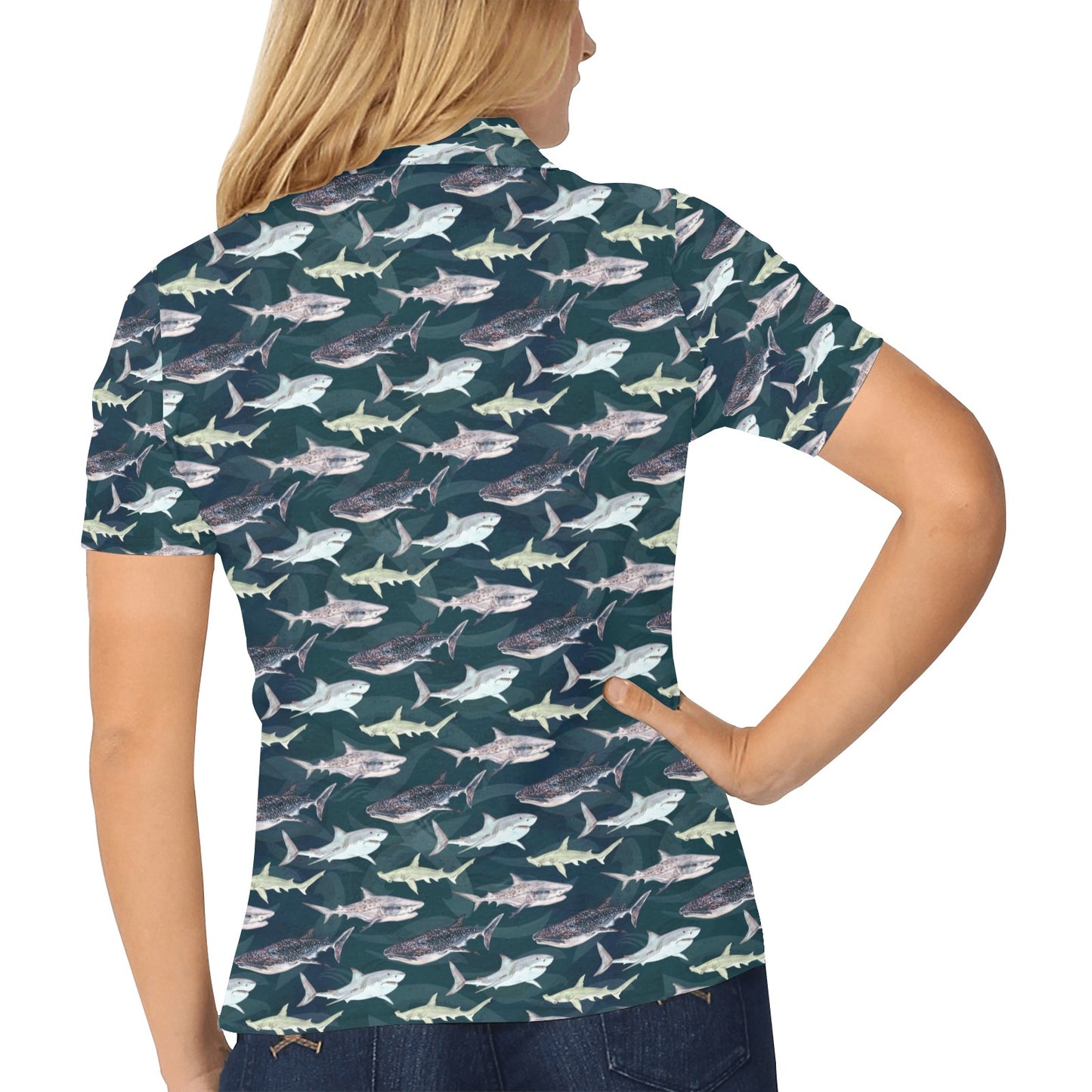 Shark Pattern Print Women's Polo Shirt