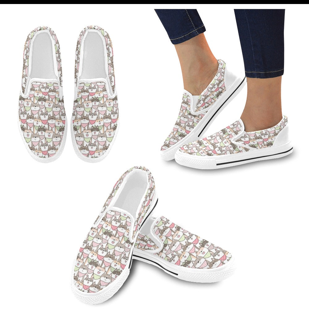 Shiba Inu Print Design LKS305 White Slip Ons Canvas Women's Shoes