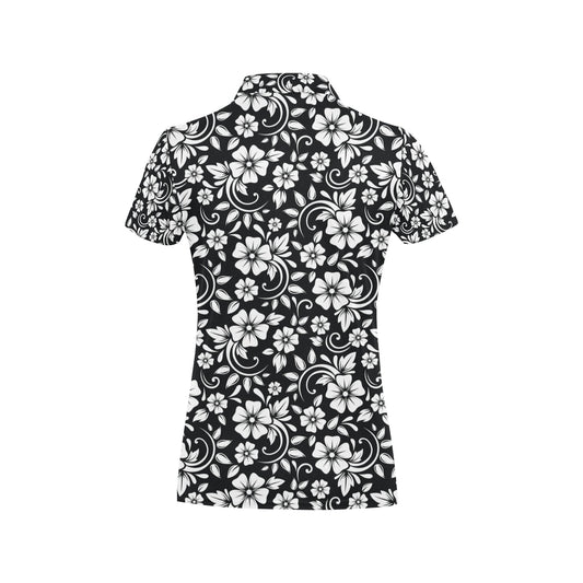 Floral Black White Themed Print Women's Polo Shirt