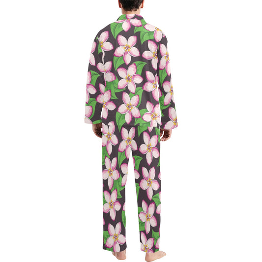 Pink Plumeria Pattern Print Design PM019 Men's Long Pajama Set