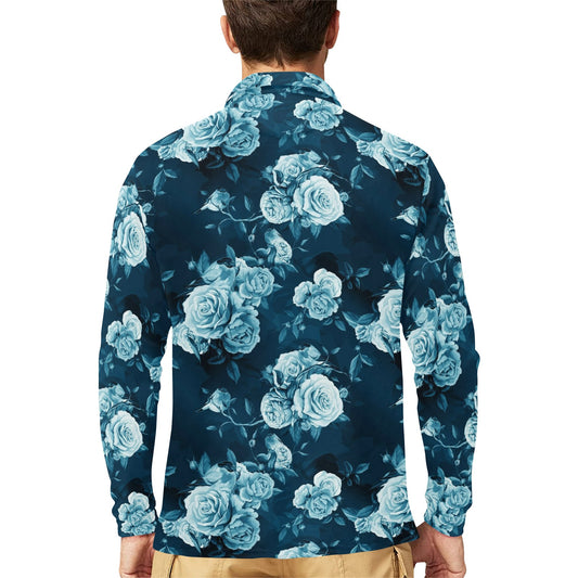 Rose Blue Pattern Print Design RO014 Long Sleeve Polo Shirt For Men's