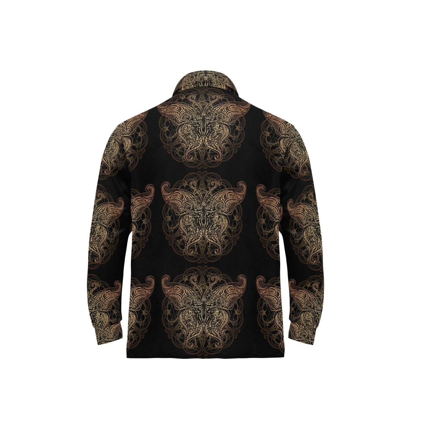 Gold Butterfly Ornamental Long Sleeve Polo Shirt For Men's