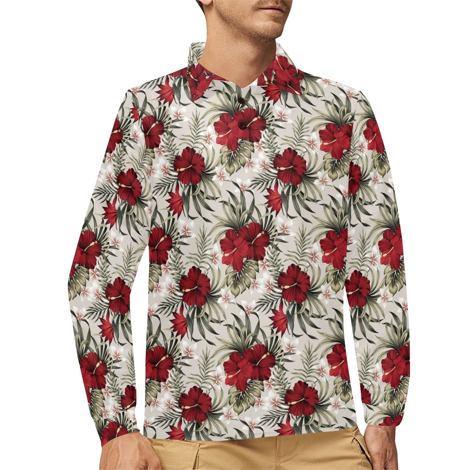 Hibiscus Print Design LKS3011 Long Sleeve Polo Shirt For Men's