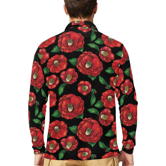 Camellia Pattern Print Design CM07 Long Sleeve Polo Shirt For Men's