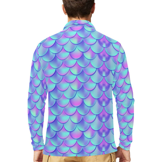 Mermaid Tail Design Print Pattern Long Sleeve Polo Shirt For Men's