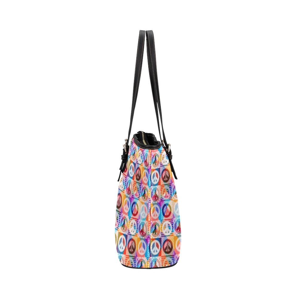 Peace Sign Patchwork Design Print Leather Tote Bag