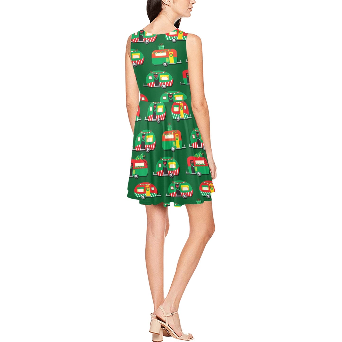Camper Camping Christmas Themed Print Sleeveless Dress