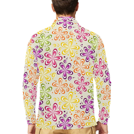 Flower Power Colorful Design Print Long Sleeve Polo Shirt For Men's