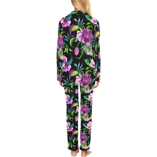 Bright Purple Floral Pattern Women's Long Pajama Set