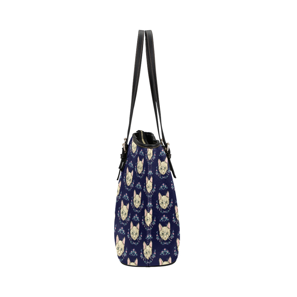 Cat Head with flower Print Pattern Leather Tote Bag