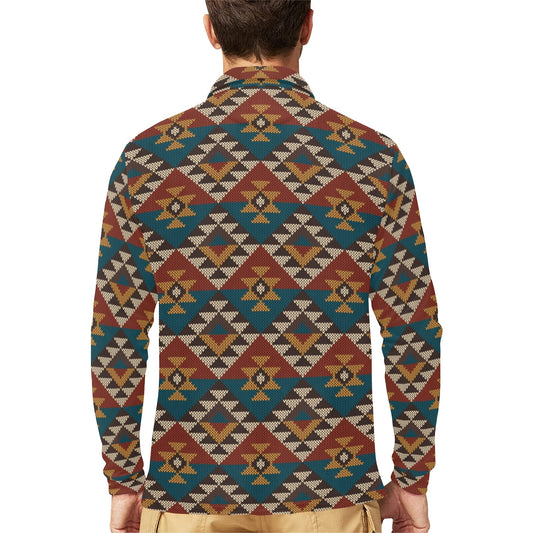 Knit Aztec Tribal Long Sleeve Polo Shirt For Men's