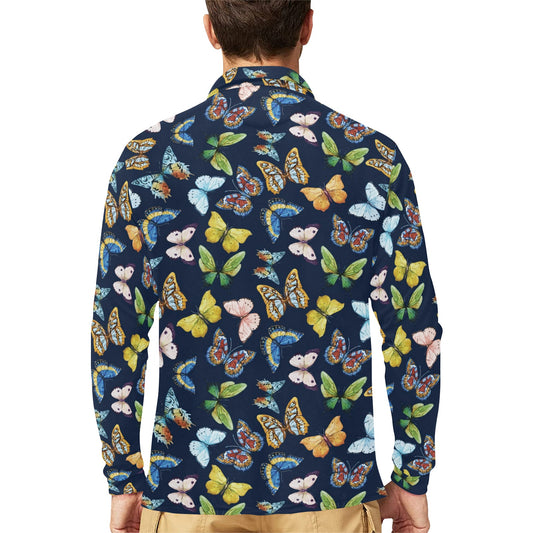 Butterfly Beautiful Print Pattern Long Sleeve Polo Shirt For Men's