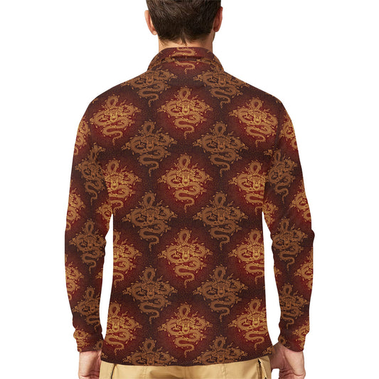 Chinese Dragons Gold Design Long Sleeve Polo Shirt For Men's