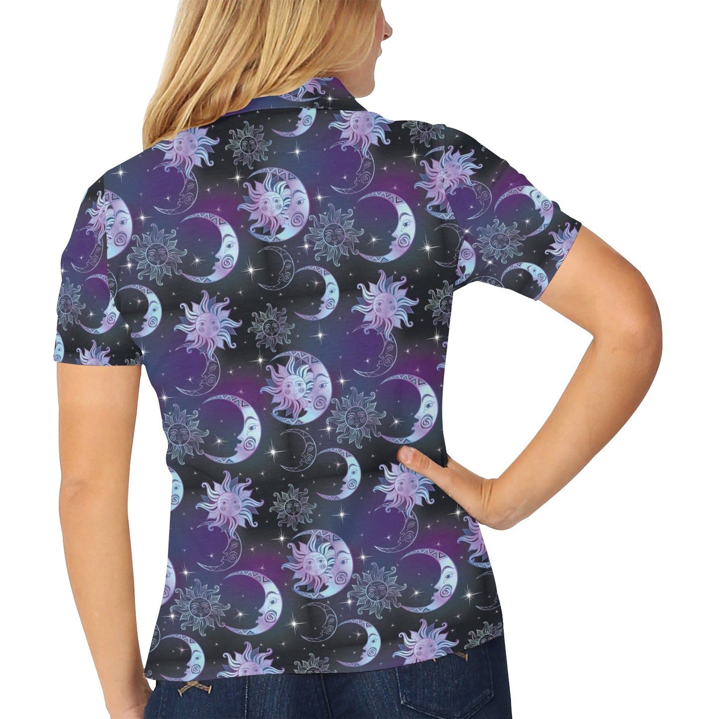 Sun Moon Print Design LKS303 Women's Polo Shirt
