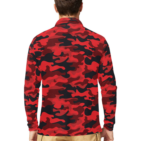 Camo Red Pattern Print Design 03 Long Sleeve Polo Shirt For Men's