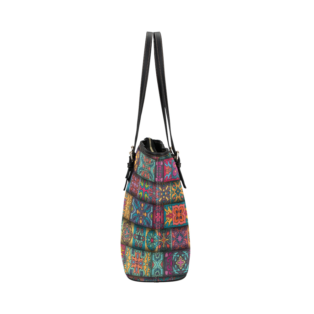 Mandala Style Design Print Leather Tote Bag