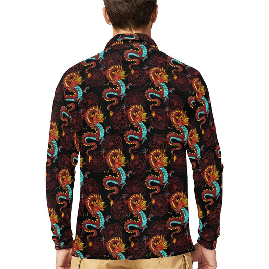 Chinese Dragons and Peonies Design Long Sleeve Polo Shirt For Men's