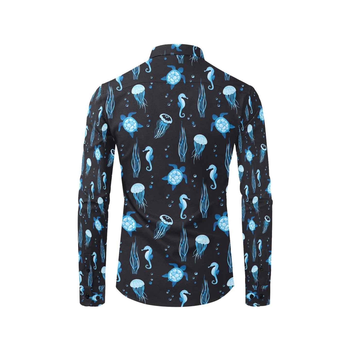 Sea Turtle Jelly Fish Sea Horse Print Design LKS3014 Men's Long Sleeve Dress Shirt