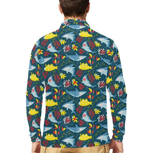 Scuba With Sharks Print Design LKS303 Long Sleeve Polo Shirt For Men's