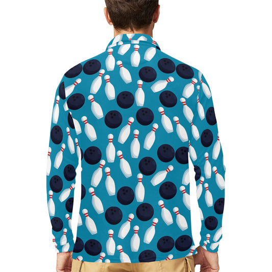 Bowling Pin Pattern Print Design 010 Long Sleeve Polo Shirt For Men's