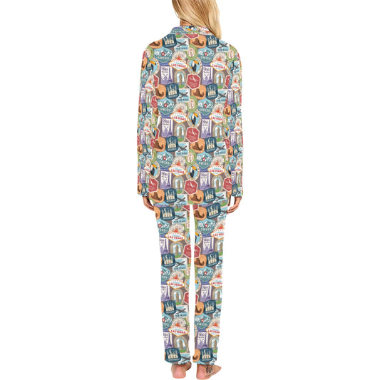 Travel Stamp Print Design LKS301 Women's Long Pajama Set