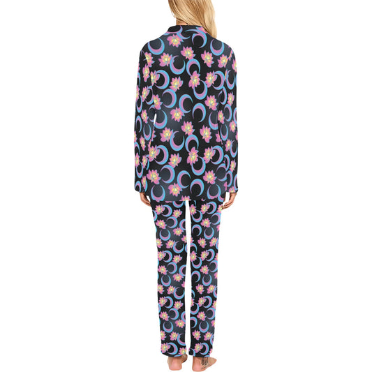 Lotus with Moon Pink Print Themed Women's Long Pajama Set
