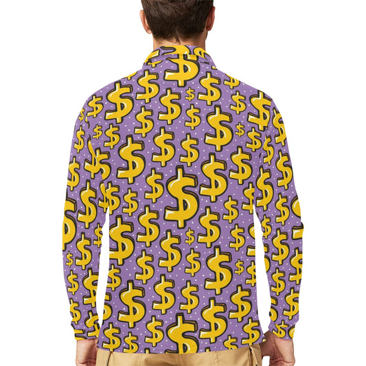 Dollar Pattern Print Design DO01 Long Sleeve Polo Shirt For Men's
