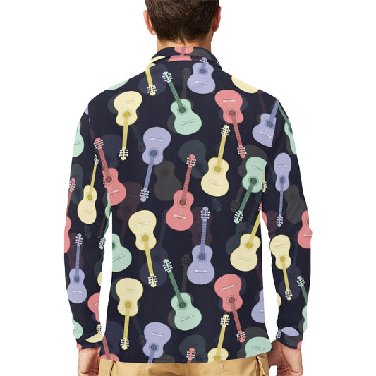 Acoustic Guitar Print Design LKS401 Long Sleeve Polo Shirt For Men's