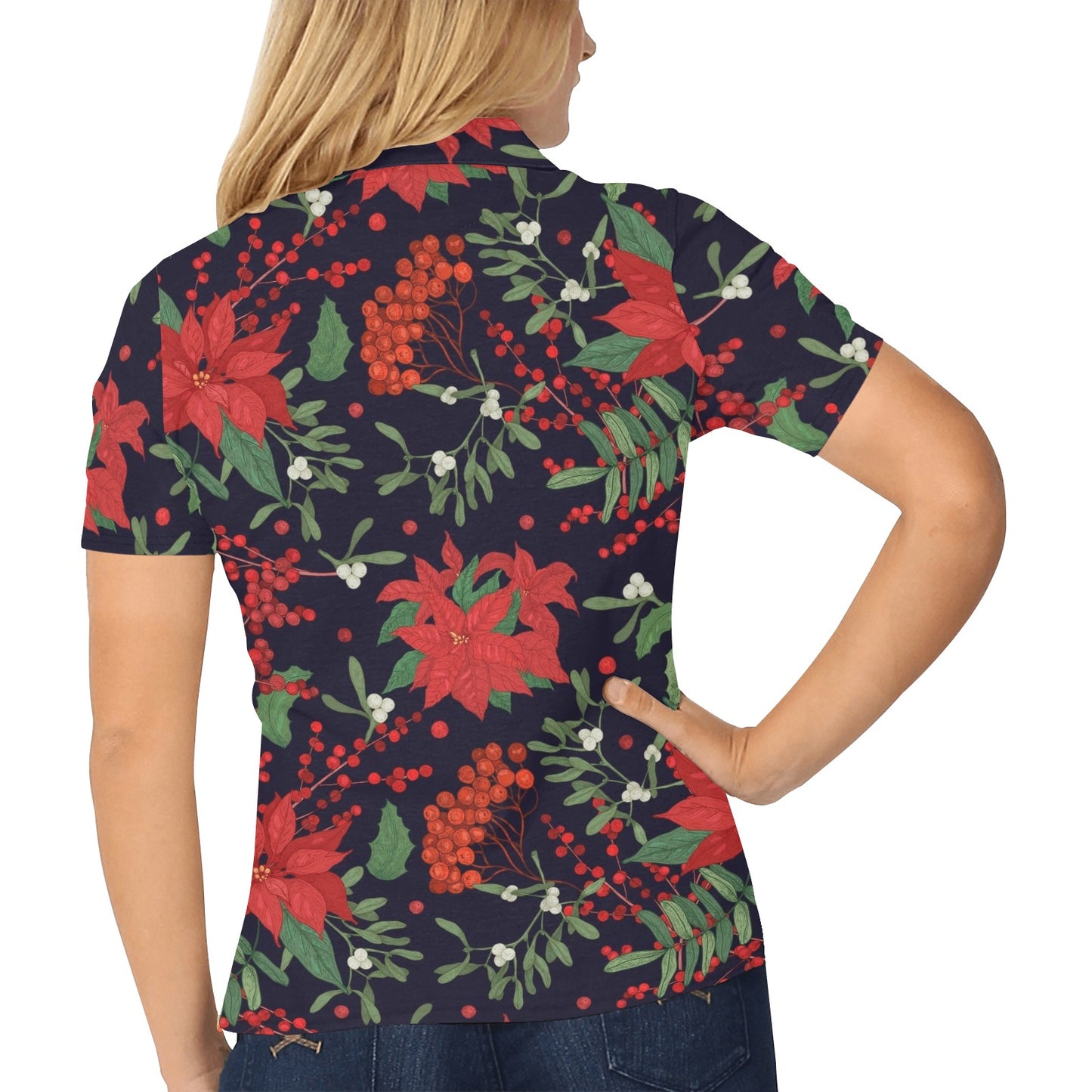 Poinsettia Pattern Print Design POT02 Women's Polo Shirt
