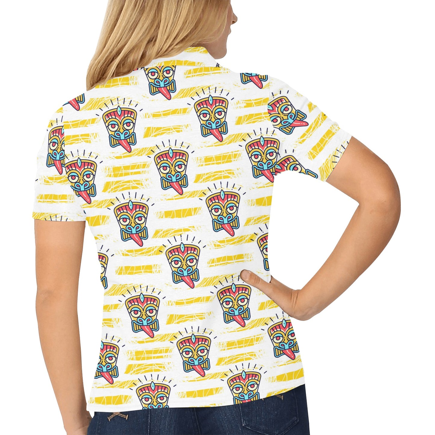 Tiki Smile Mask Print Pattern Women's Polo Shirt