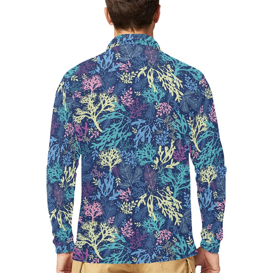 Seaweed Print Design LKS301 Long Sleeve Polo Shirt For Men's
