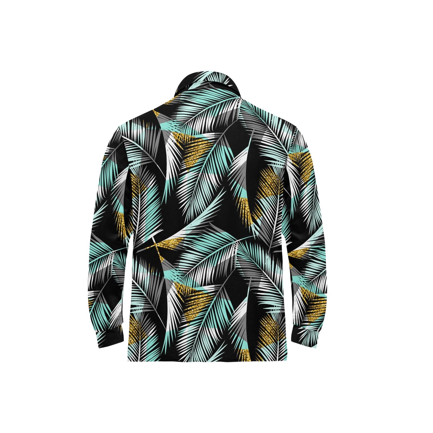 Gold Glitter Cyan Tropical Palm Leaves Long Sleeve Polo Shirt For Men's