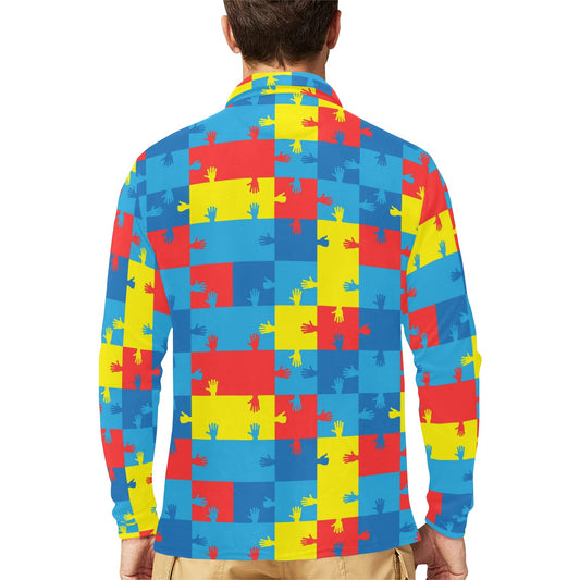 Autism Awareness Design Themed Print Long Sleeve Polo Shirt For Men's