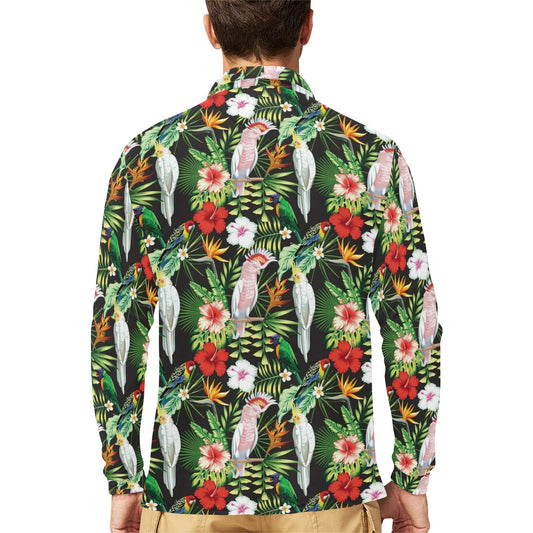 Tropical Flower Pattern Print Design TF03 Long Sleeve Polo Shirt For Men's