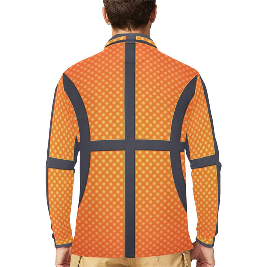 Basketball Texture Print Pattern Long Sleeve Polo Shirt For Men's