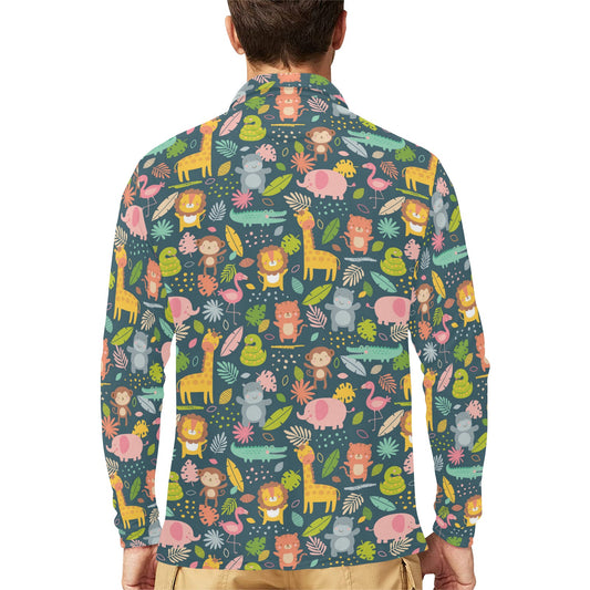 Safari Animal Cartoon Print Design LKS305 Long Sleeve Polo Shirt For Men's