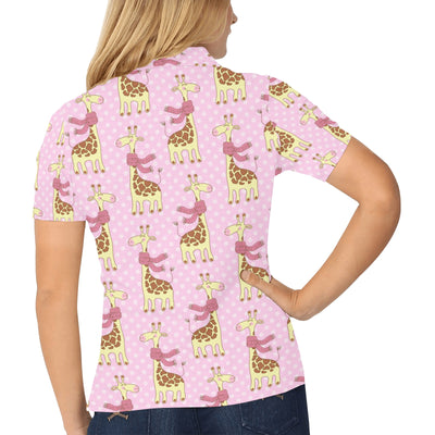 Giraffe Cute Pink Polka Dot Print Women's Polo Shirt