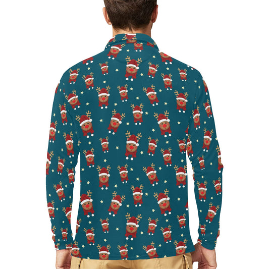Reindeer Print Design LKS406 Long Sleeve Polo Shirt For Men's