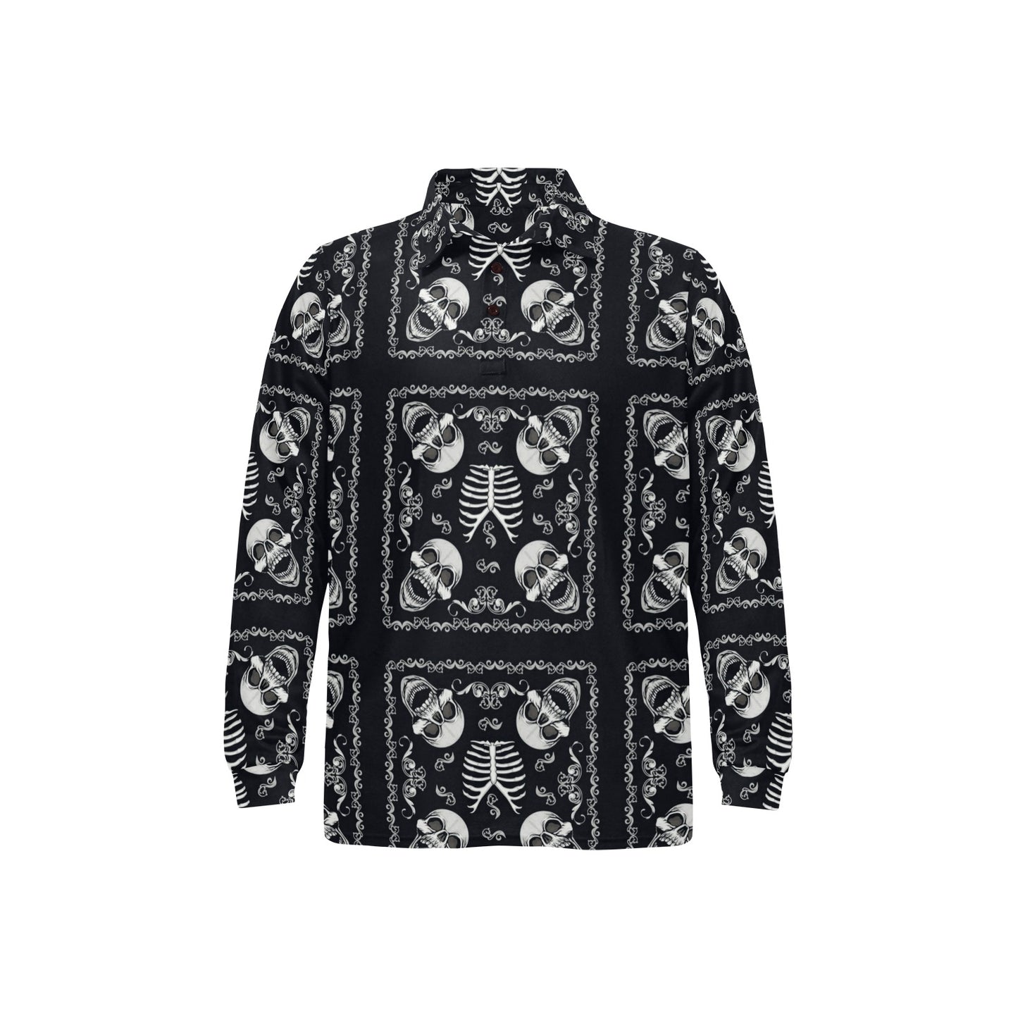 Bandana Skull Black White Print Design LKS306 Long Sleeve Polo Shirt For Men's