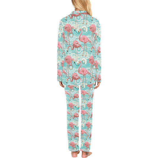 Flamingo Background Themed Print Women's Long Pajama Set