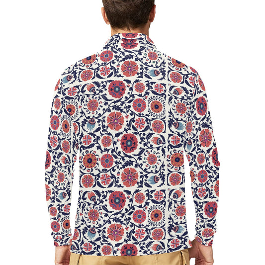 Suzani Print Design LKS304 Long Sleeve Polo Shirt For Men's