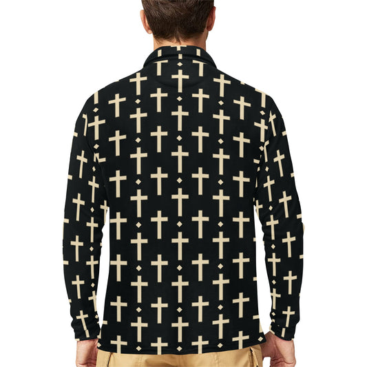 Cross Pattern Print Design 03 Long Sleeve Polo Shirt For Men's