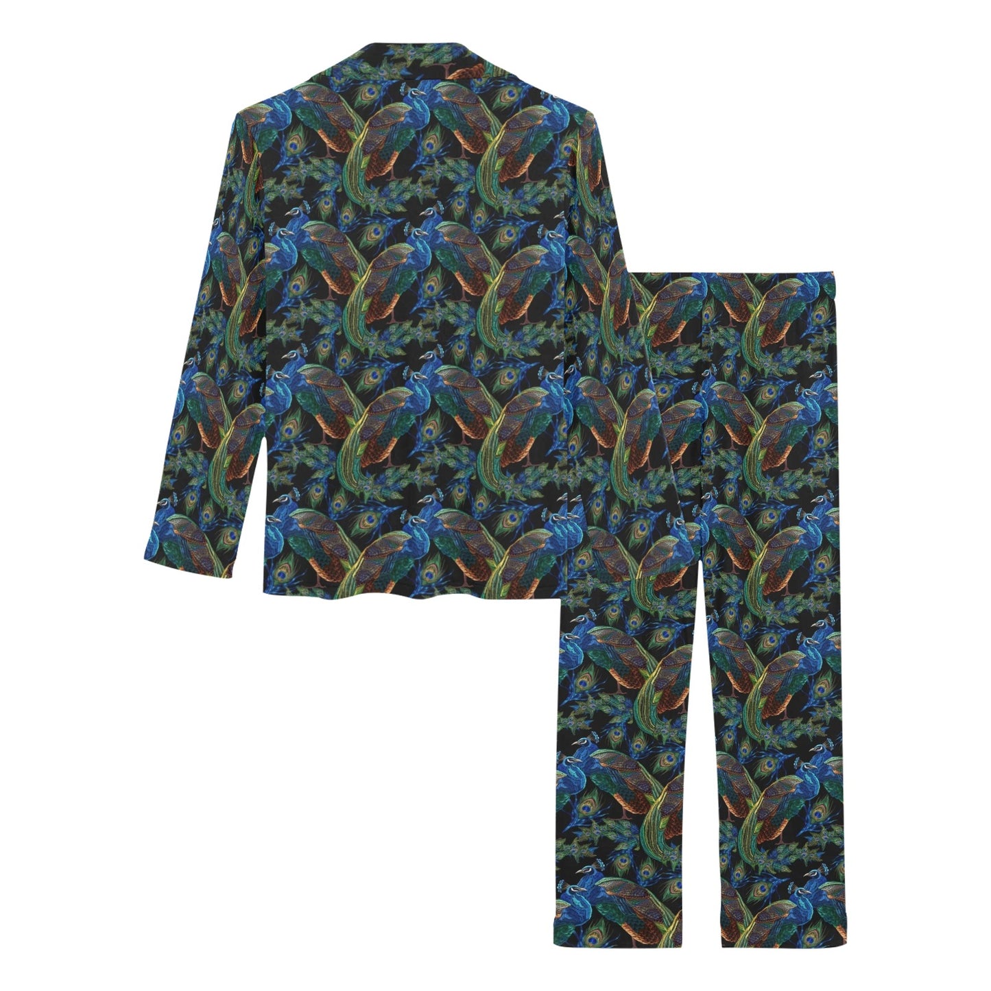 Peacock Themed Design Print Women's Long Pajama Set