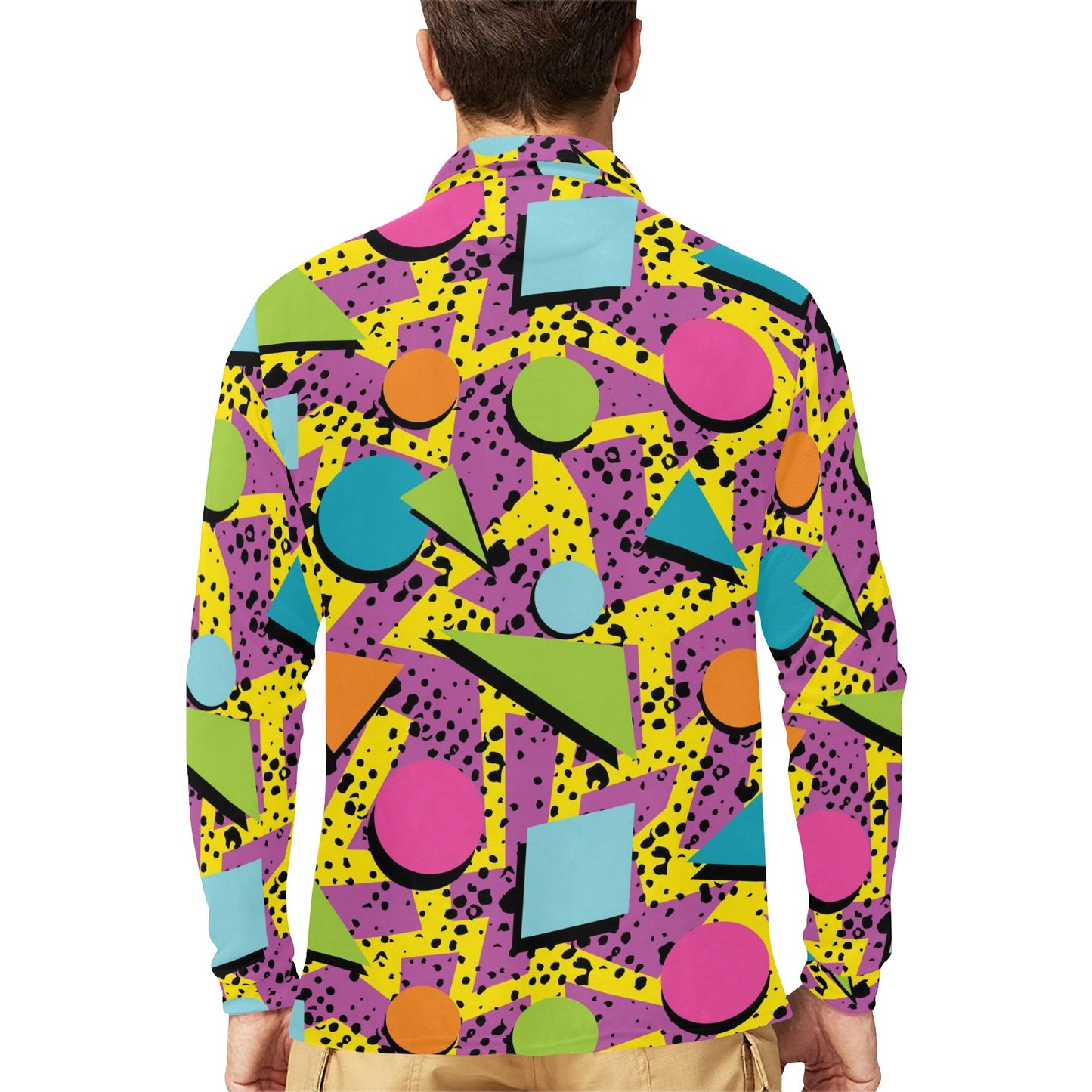 80s Pattern Print Design 1 Long Sleeve Polo Shirt For Men's